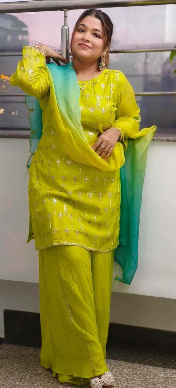 Elegant Gotta With Tiny Pearl Over Work Full Suit Set With Dual Tone Dupatta & Loose Palazzo Crush Gotta Work Bottom- 11828