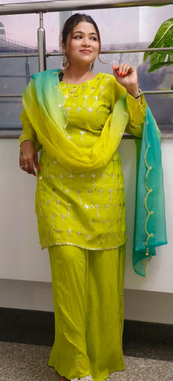 Elegant Gotta With Tiny Pearl Over Work Full Suit Set With Dual Tone Dupatta & Loose Palazzo Crush Gotta Work Bottom- 11828