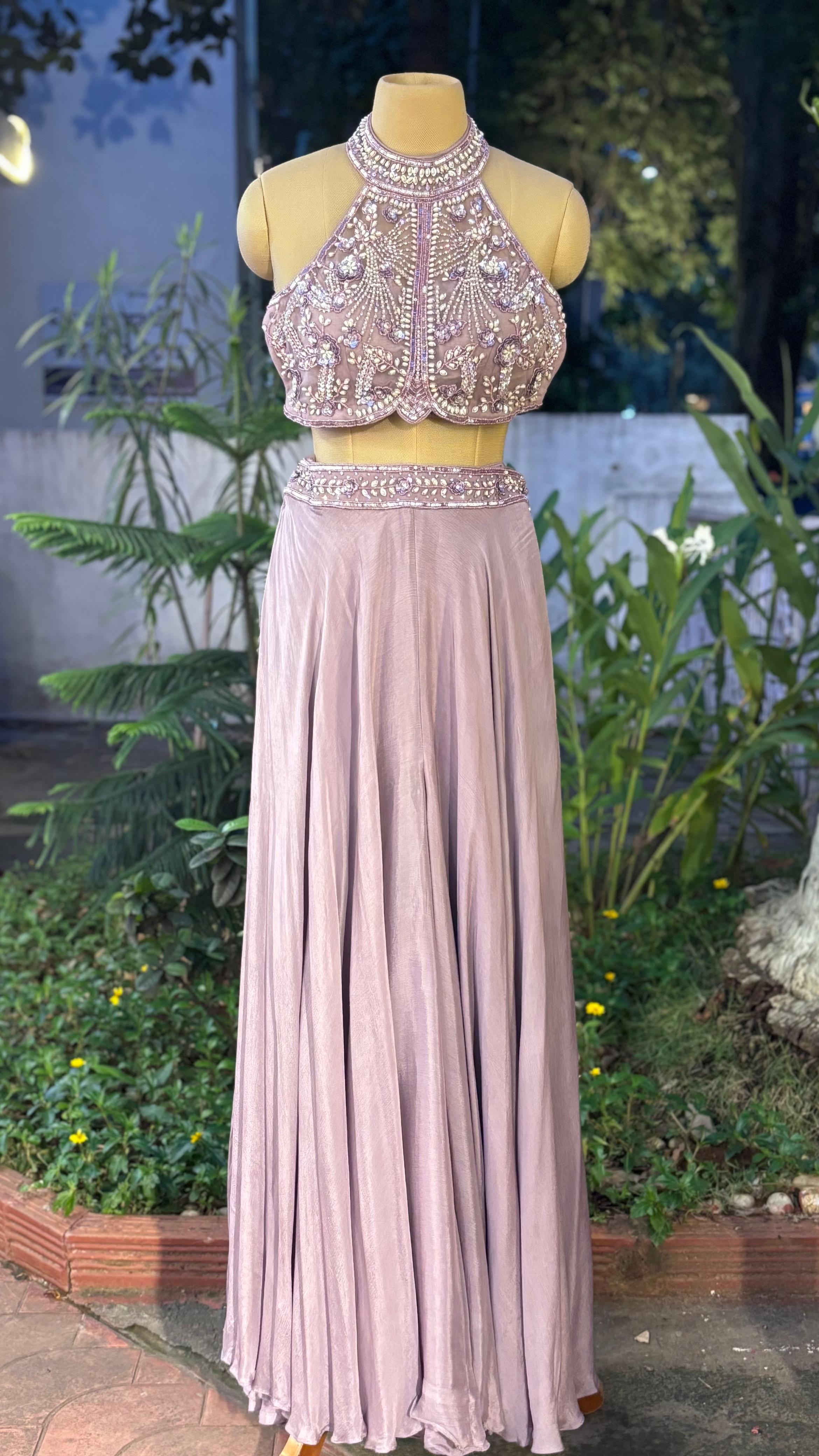 Pearl Elegance Glamorous High Neck Crop Top With Flared Skirt & Ruffle Dupatta- 11153