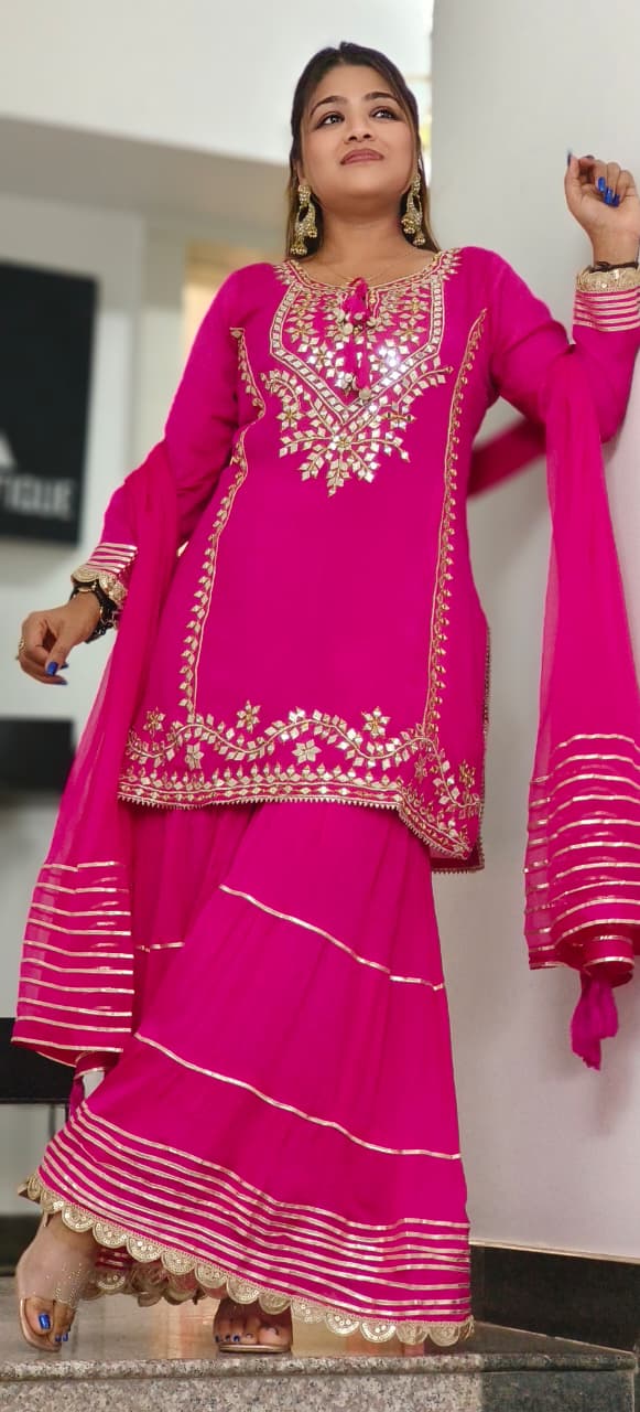 Real Mirror With Thread Embellished Short Length Kurta With Bordered Skirt Bottom In Chinon Fabric- 11956, 11957