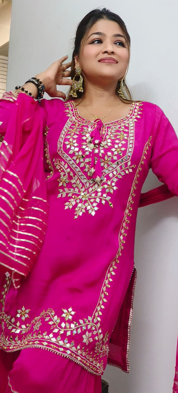 Real Mirror With Thread Embellished Short Length Kurta With Bordered Skirt Bottom In Chinon Fabric- 11956, 11957