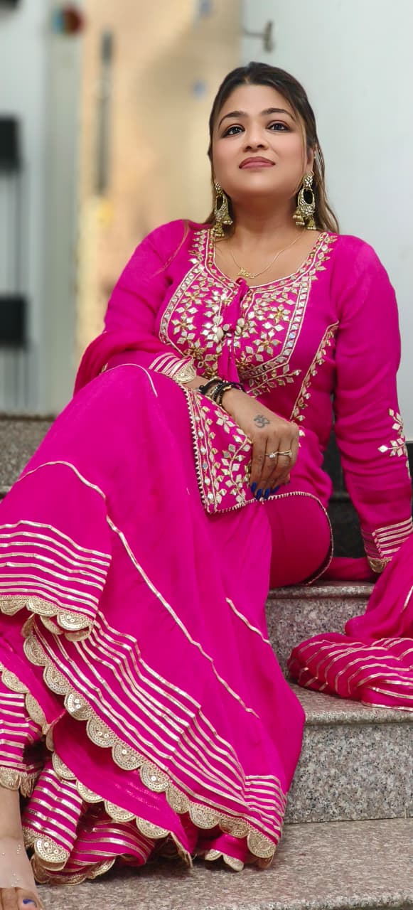 Real Mirror With Thread Embellished Short Length Kurta With Bordered Skirt Bottom In Chinon Fabric- 11956, 11957