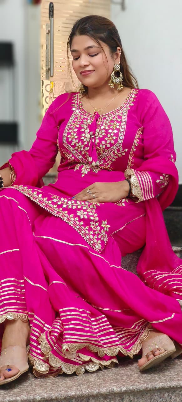 Real Mirror With Thread Embellished Short Length Kurta With Bordered Skirt Bottom In Chinon Fabric- 11956, 11957
