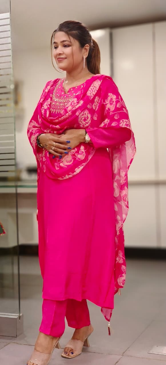 Beautiful Yoke Solid A-Line Full Suit Set With Floral Dupatta In Crepe Fabric- 11807