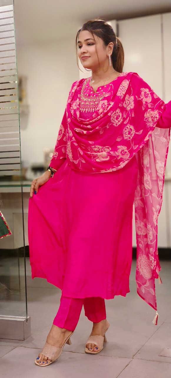Beautiful Yoke Solid A-Line Full Suit Set With Floral Dupatta In Crepe Fabric- 11807