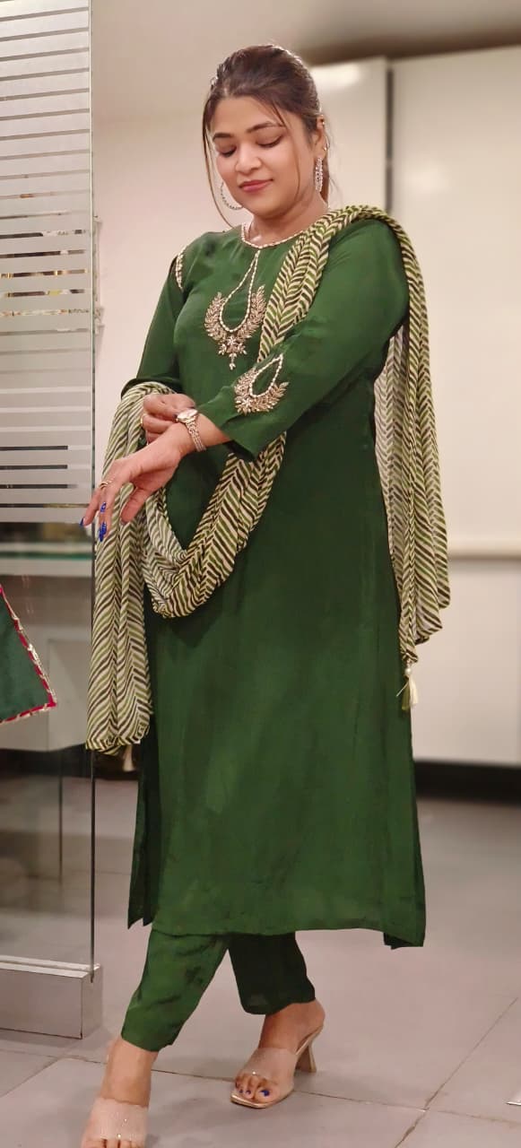 Beautiful Patterned Zardosi Work A-Line Full Suit Set With Leheriya Dupatta In Crepe Fabric- 11811