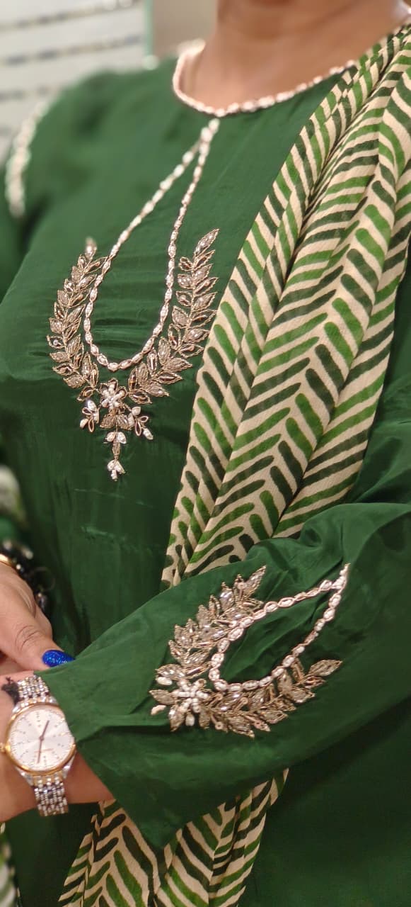 Beautiful Patterned Zardosi Work A-Line Full Suit Set With Leheriya Dupatta In Crepe Fabric- 11811