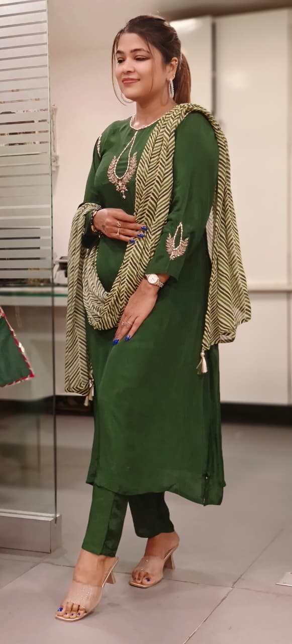 Beautiful Patterned Zardosi Work A-Line Full Suit Set With Leheriya Dupatta In Crepe Fabric- 11811