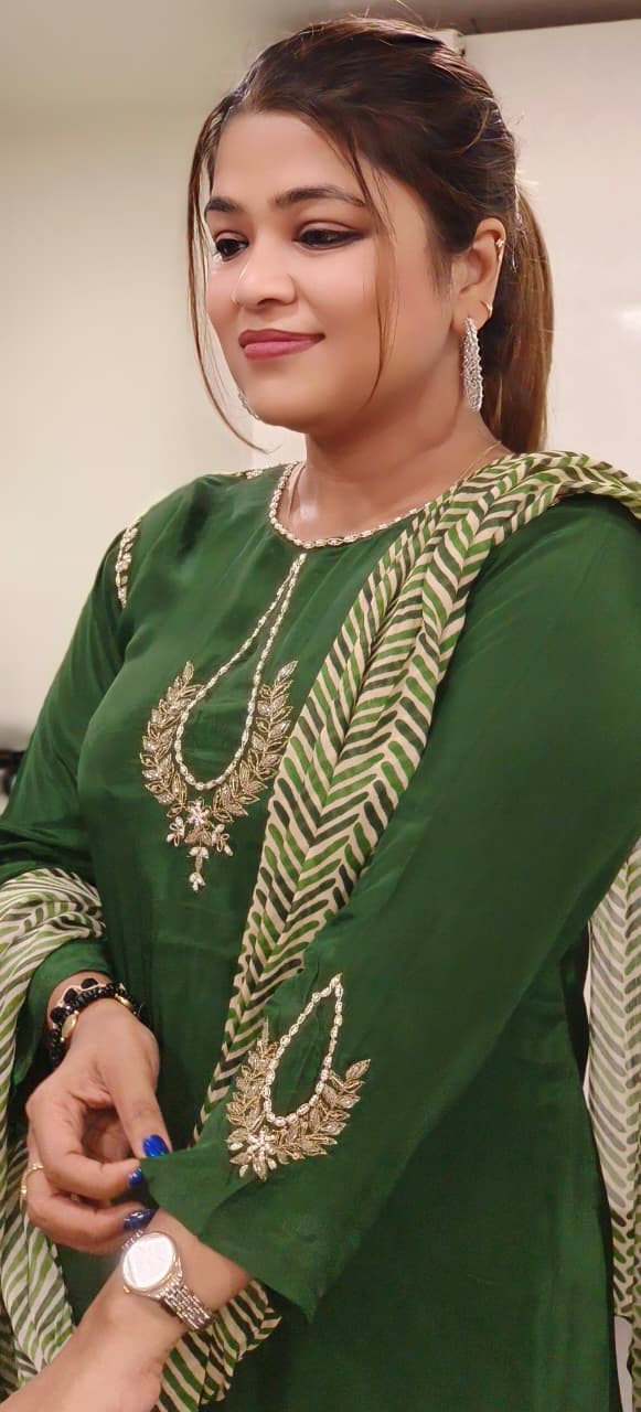 Beautiful Patterned Zardosi Work A-Line Full Suit Set With Leheriya Dupatta In Crepe Fabric- 11811