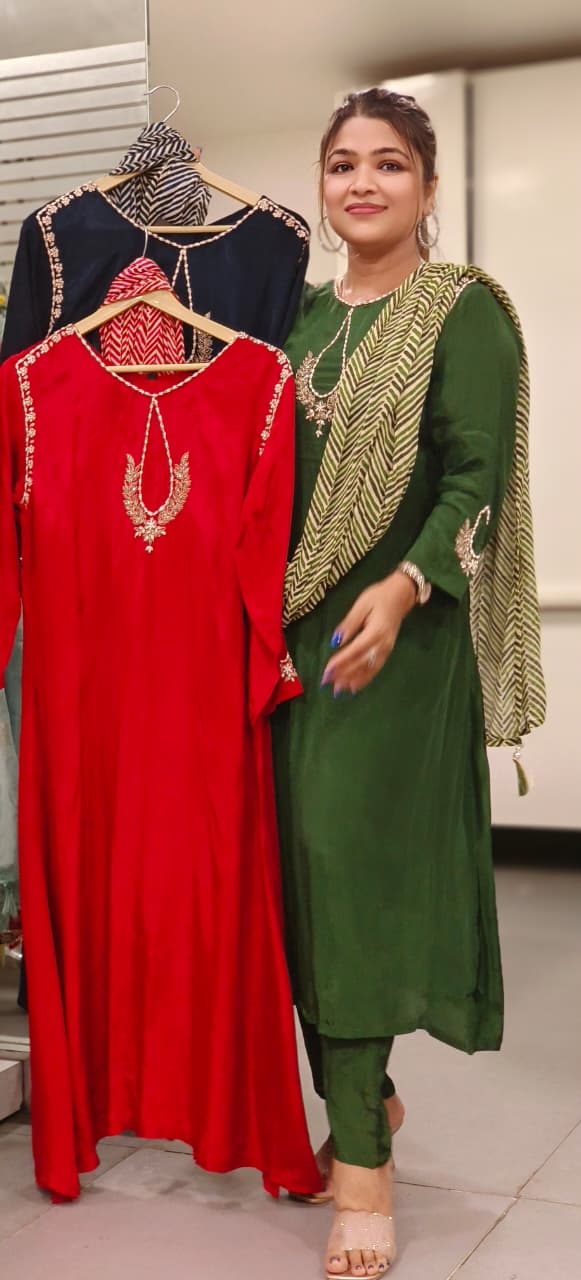 Beautiful Patterned Zardosi Work A-Line Full Suit Set With Leheriya Dupatta In Crepe Fabric- 11811