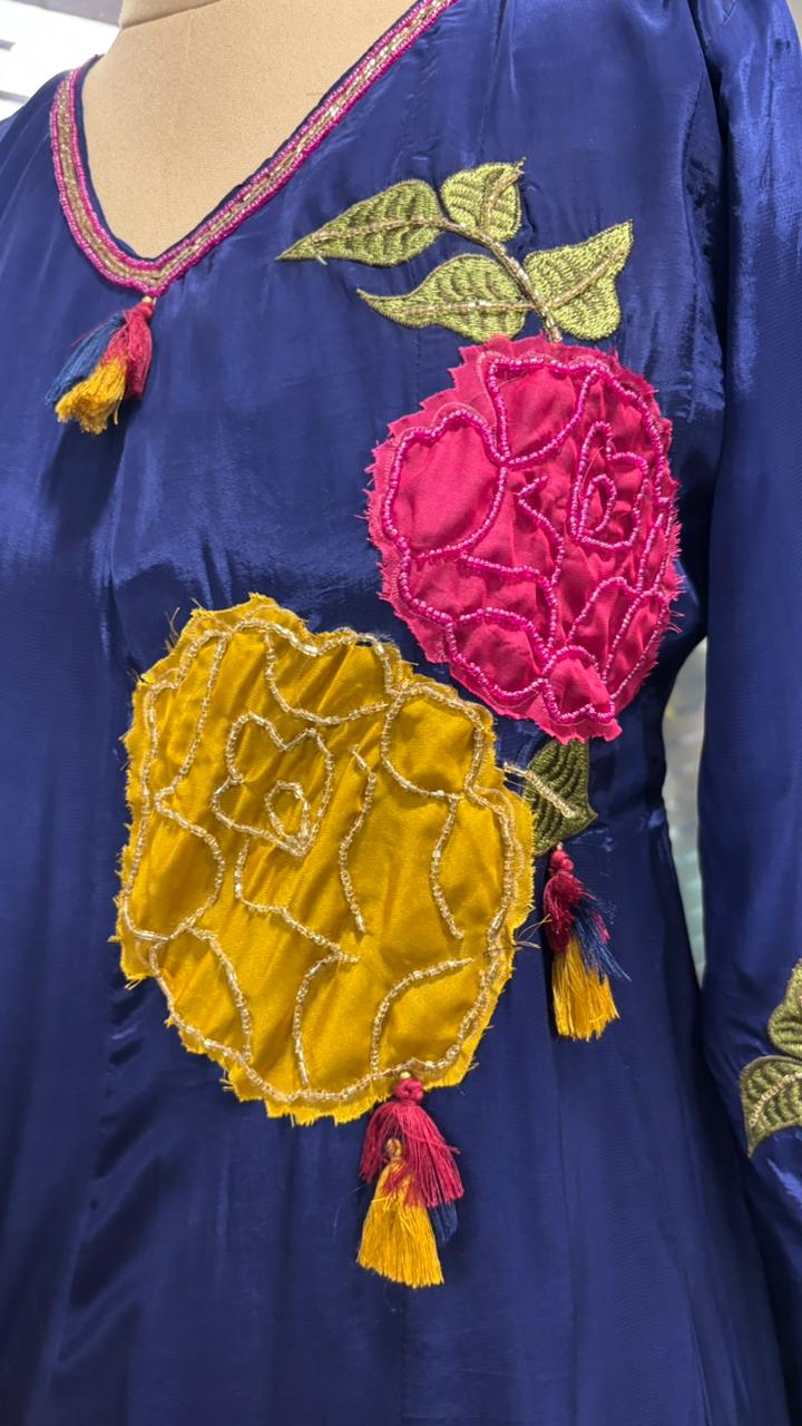 Floral Embroidered Work V-Neck Tassel A-Line Full Suit Set With Dupatta In Crepe Fabric- 11965, 11966