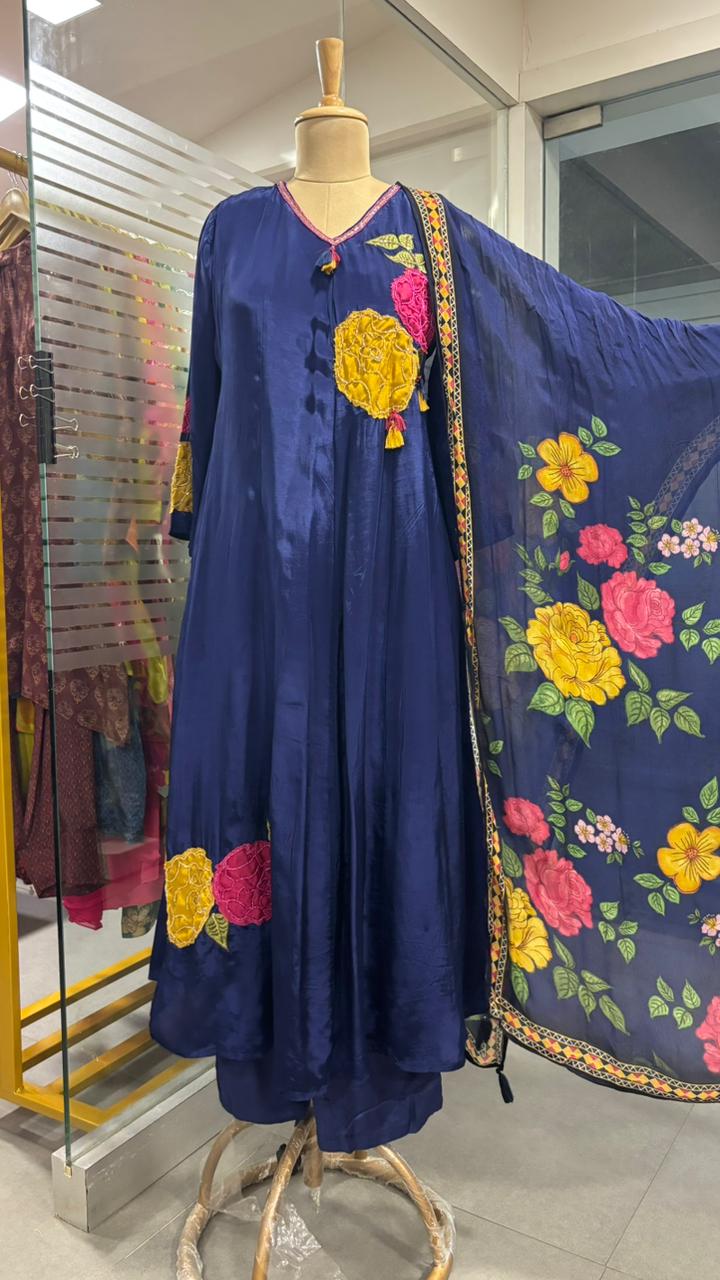 Floral Embroidered Work V-Neck Tassel A-Line Full Suit Set With Dupatta In Crepe Fabric- 11965, 11966