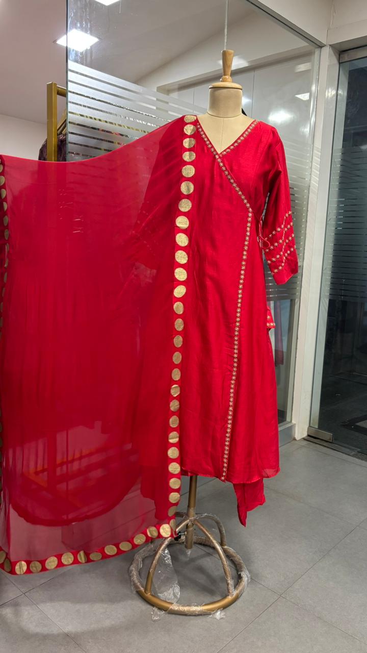 Pure Chanderi Angrakha Golden Touch Bordered Tasselled Anarkali Full Suit Set With Dupatta