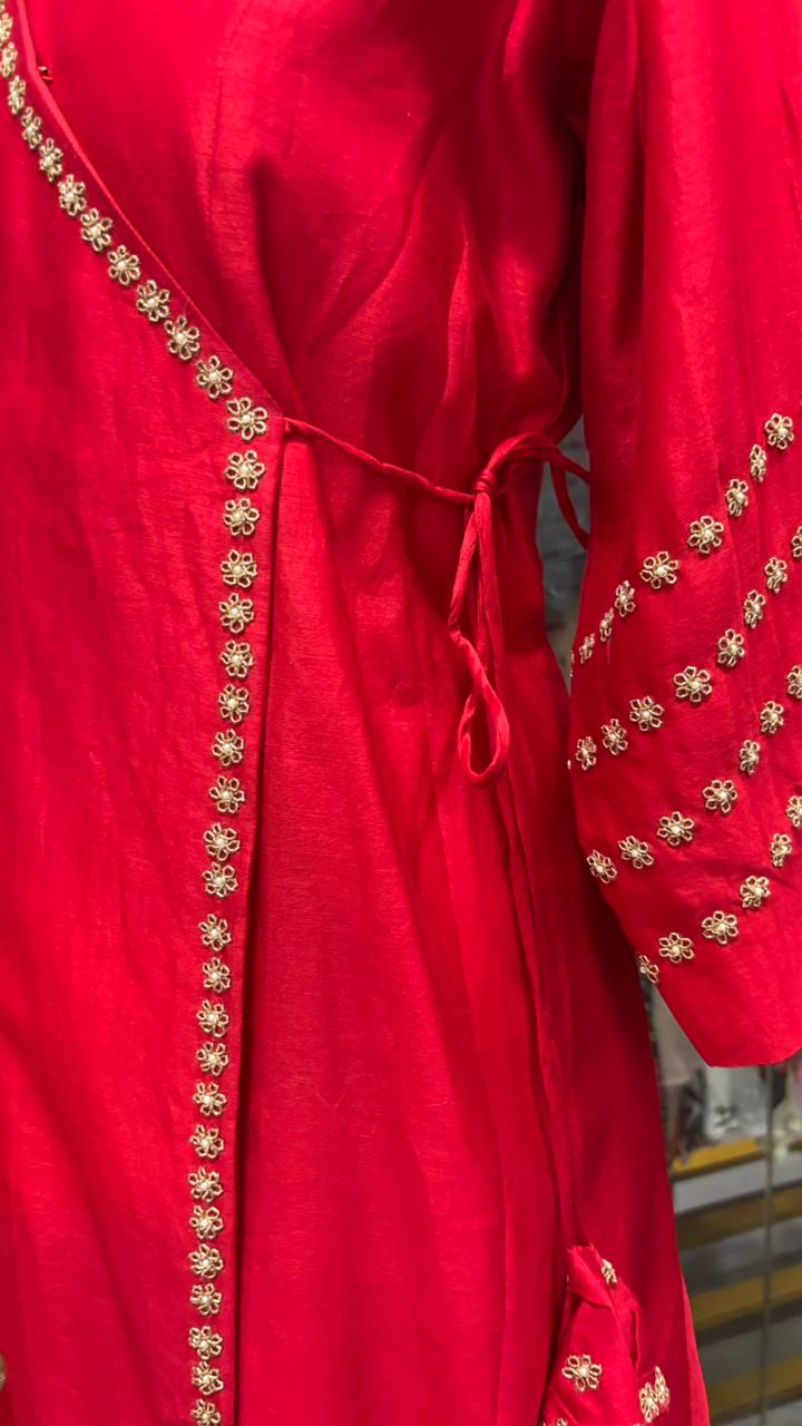 Pure Chanderi Angrakha Golden Touch Bordered Tasselled Anarkali Full Suit Set With Dupatta