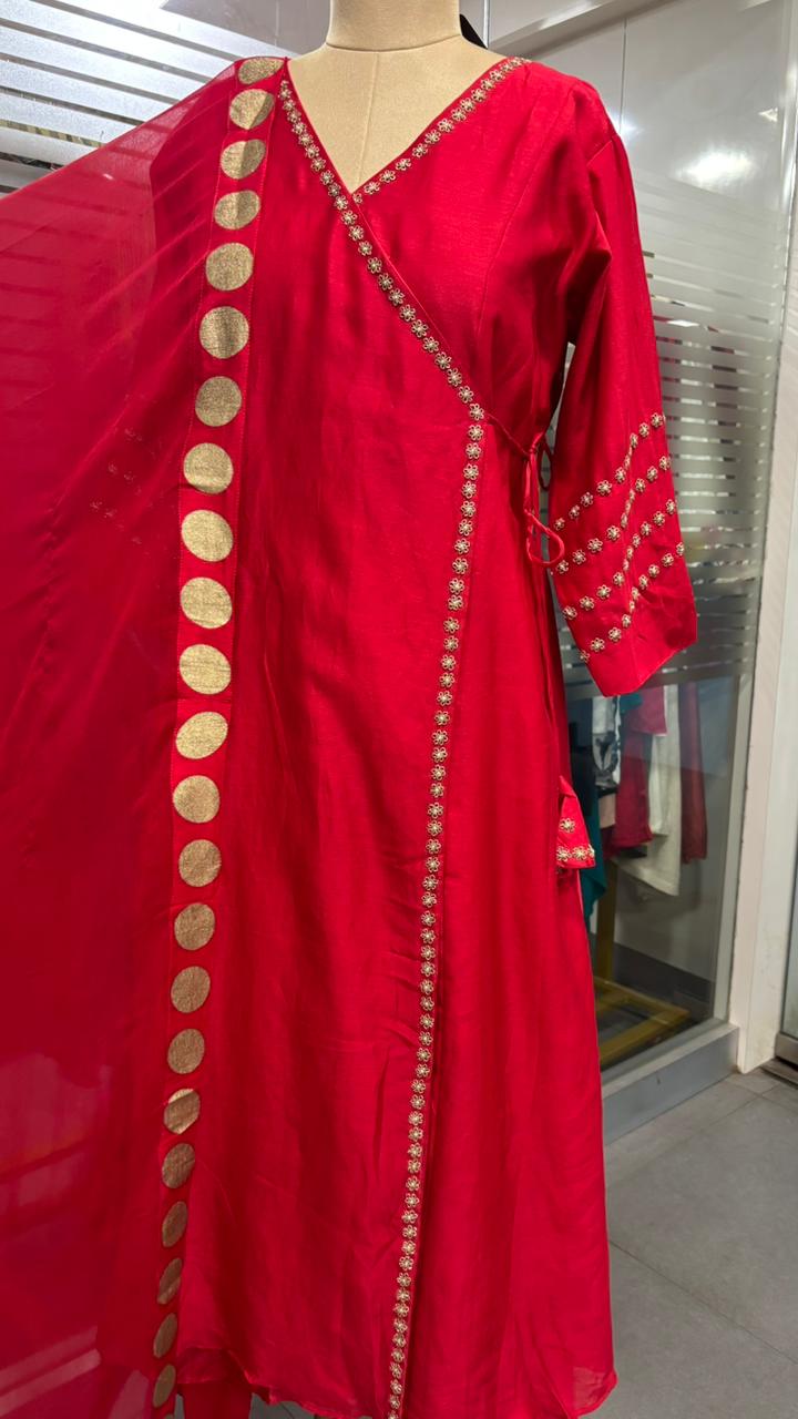 Pure Chanderi Angrakha Golden Touch Bordered Tasselled Anarkali Full Suit Set With Dupatta