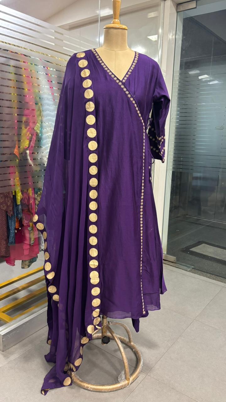 Pure Chanderi Angrakha Golden Touch Bordered Tasselled Anarkali Full Suit Set With Dupatta