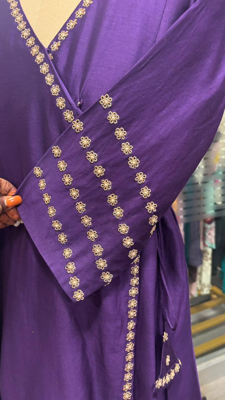 Pure Chanderi Angrakha Golden Touch Bordered Tasselled Anarkali Full Suit Set With Dupatta