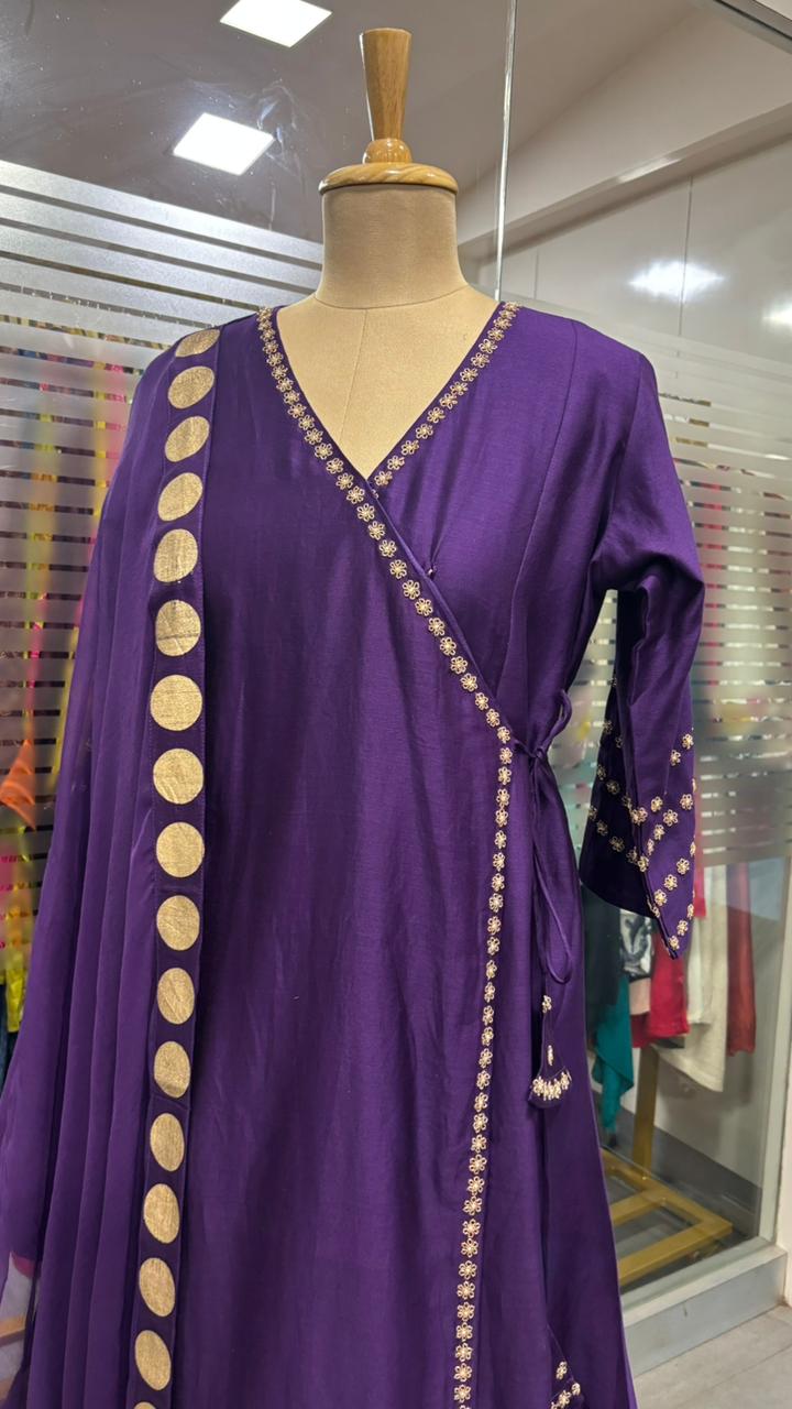 Pure Chanderi Angrakha Golden Touch Bordered Tasselled Anarkali Full Suit Set With Dupatta
