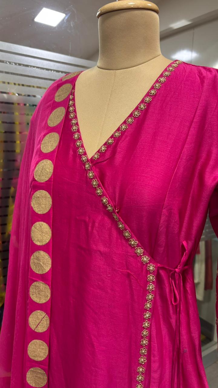 Pure Chanderi Angrakha Golden Touch Bordered Tasselled Anarkali Full Suit Set With Dupatta