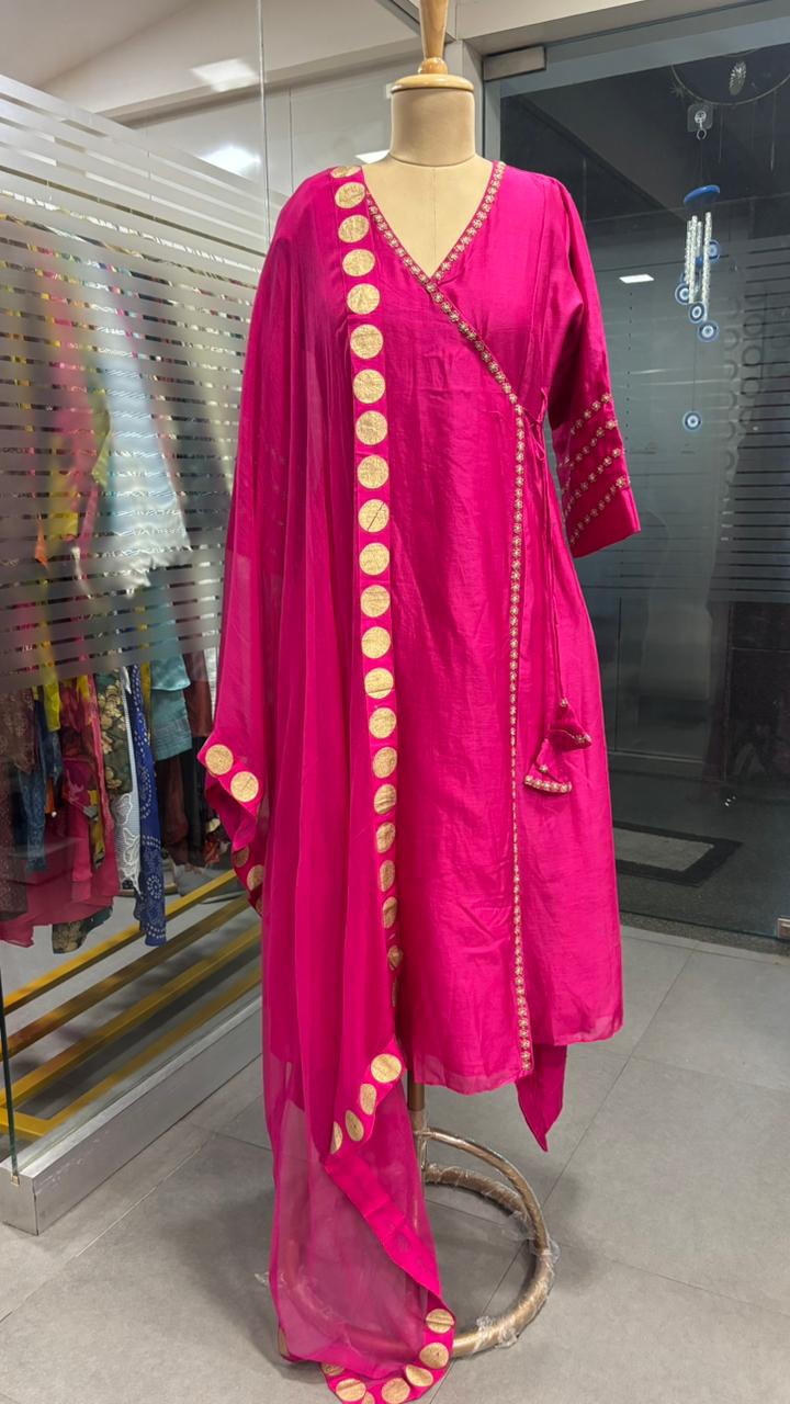 Pure Chanderi Angrakha Golden Touch Bordered Tasselled Anarkali Full Suit Set With Dupatta