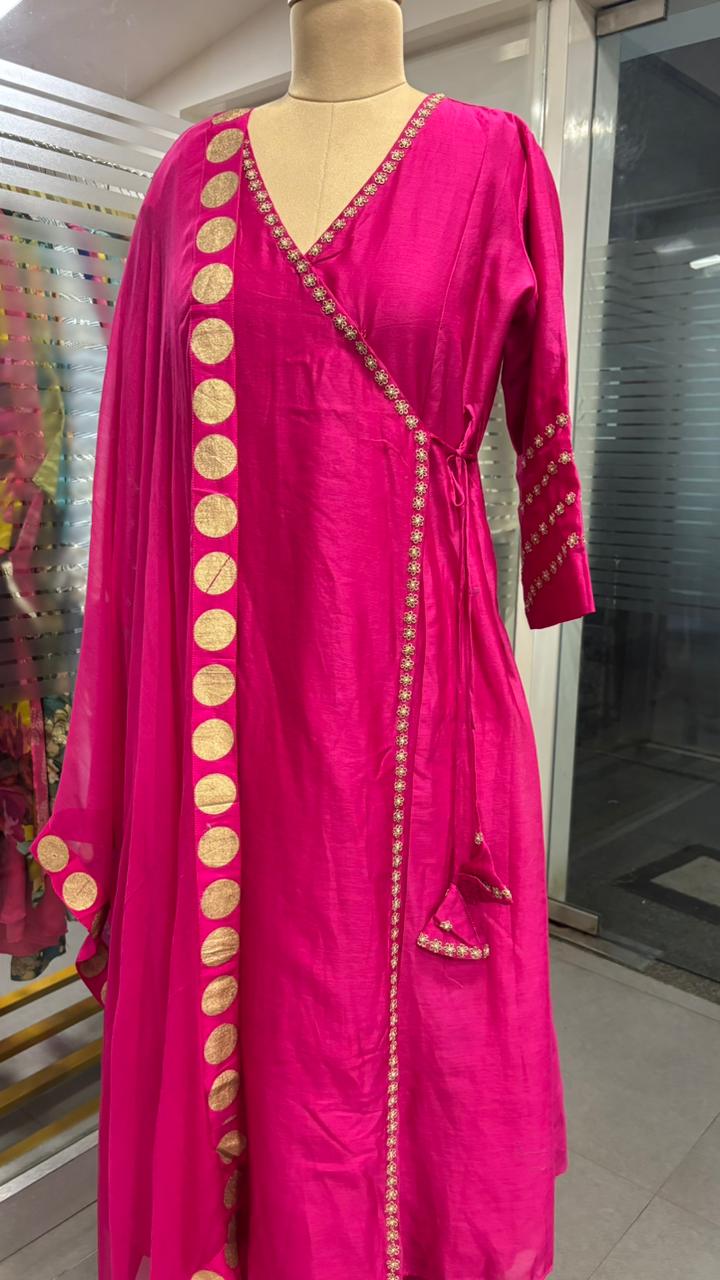 Pure Chanderi Angrakha Golden Touch Bordered Tasselled Anarkali Full Suit Set With Dupatta