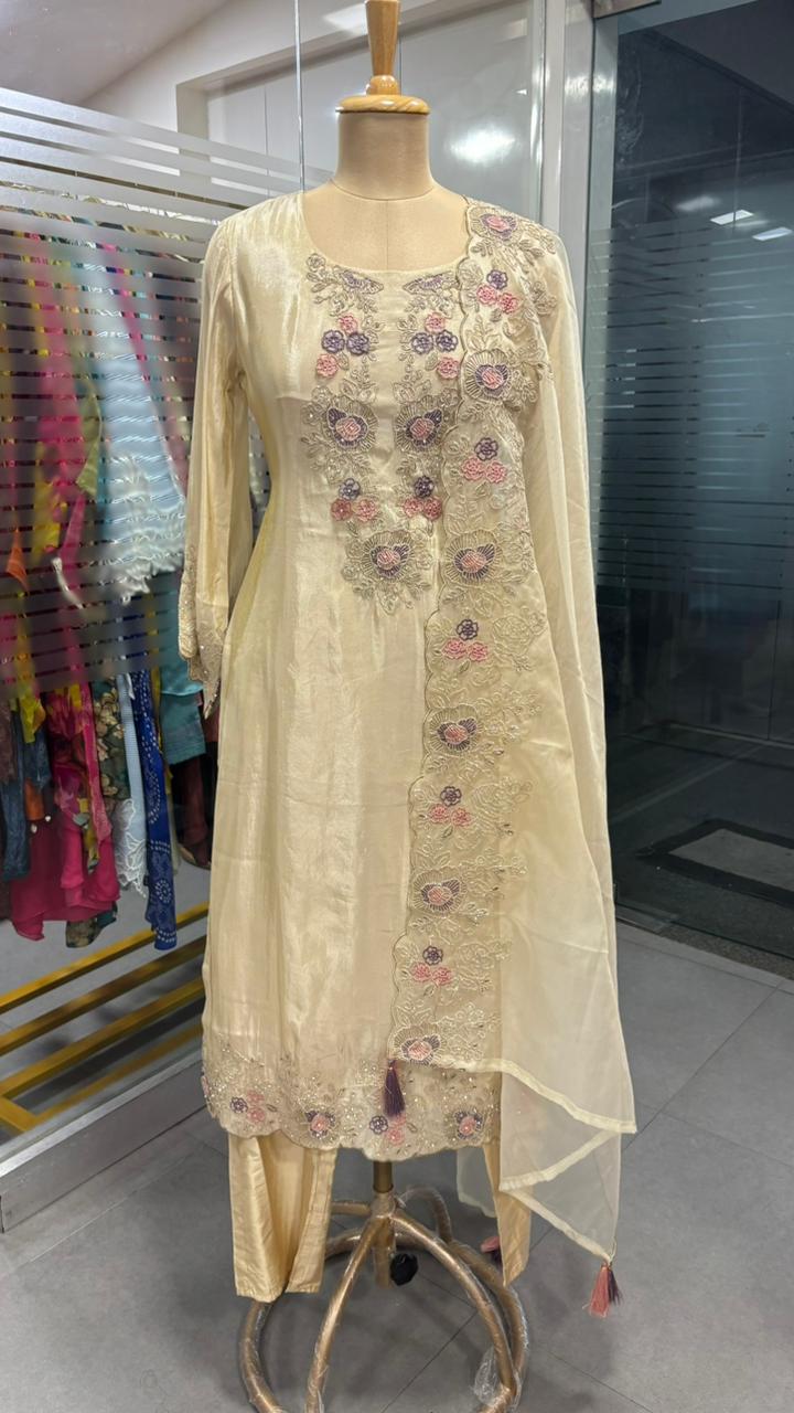 Ivory Meadow Elegant Floral Cut Work Full Suit Set With Dupatta In Tissue Fabric- 11973