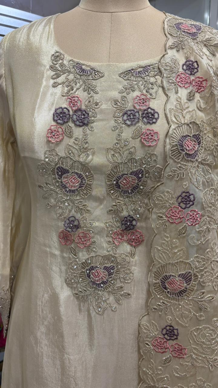 Ivory Meadow Elegant Floral Cut Work Full Suit Set With Dupatta In Tissue Fabric- 11973