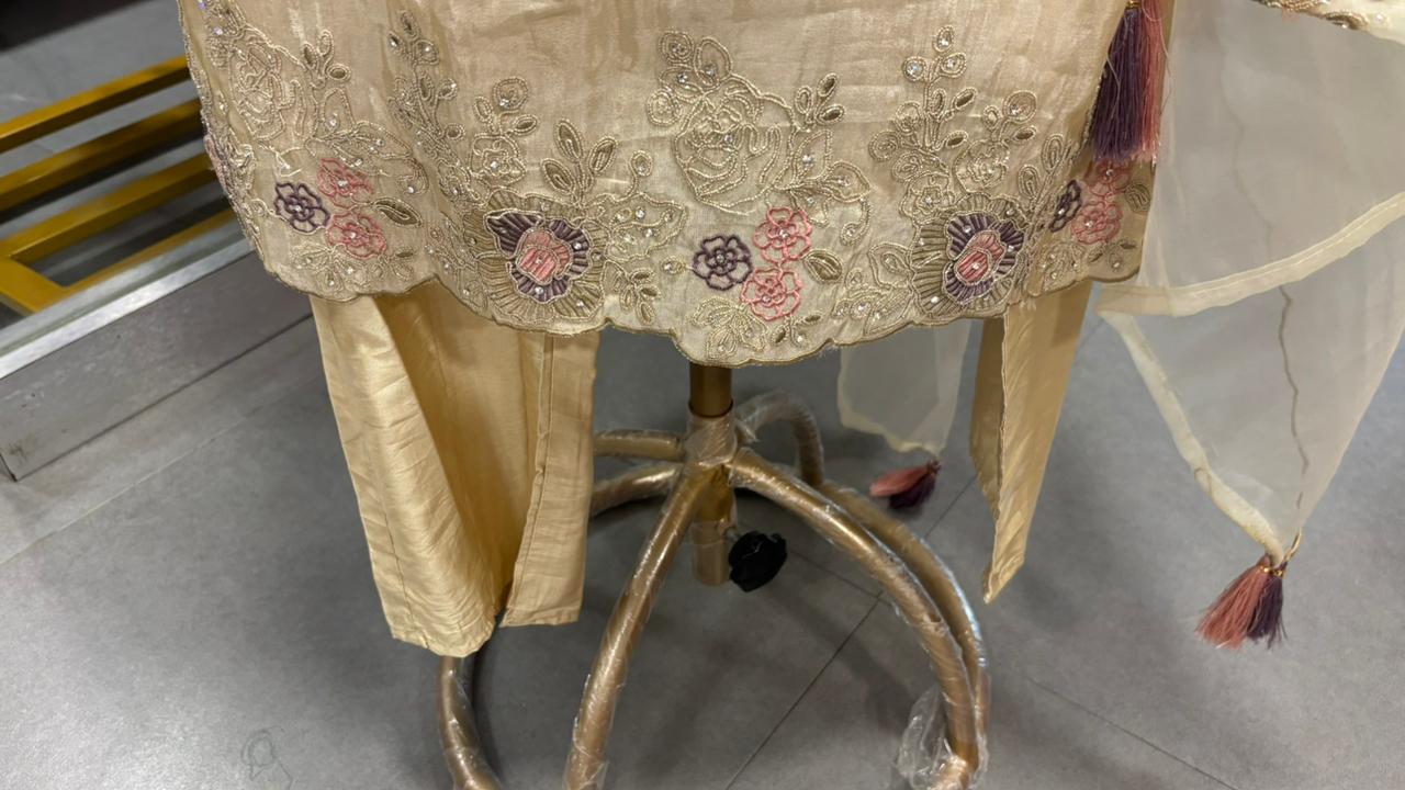 Ivory Meadow Elegant Floral Cut Work Full Suit Set With Dupatta In Tissue Fabric- 11973