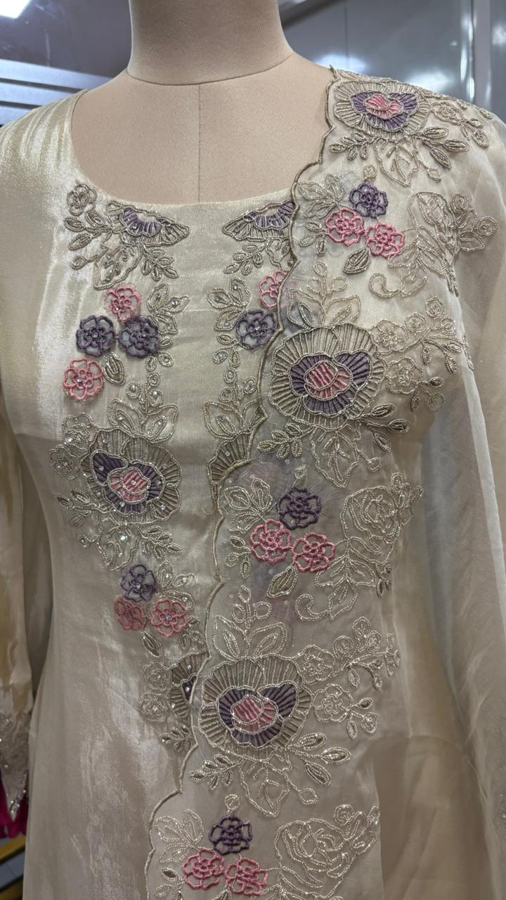 Ivory Meadow Elegant Floral Cut Work Full Suit Set With Dupatta In Tissue Fabric- 11973