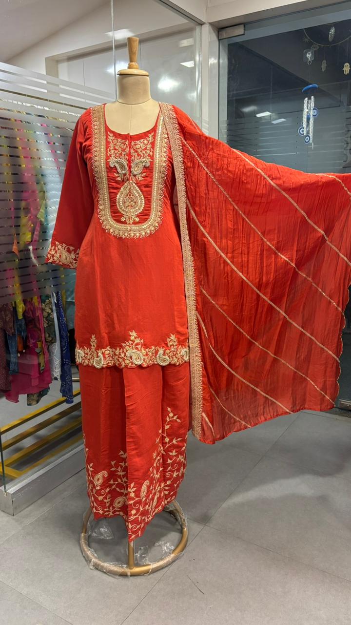 Silk Mulchanderi Beautiful Handwork Look Placement Yoke Full Suit Set With Dupatta & Worked Palazzo Bottom In Dola Silk Fabric- 11948, 11949, 11950