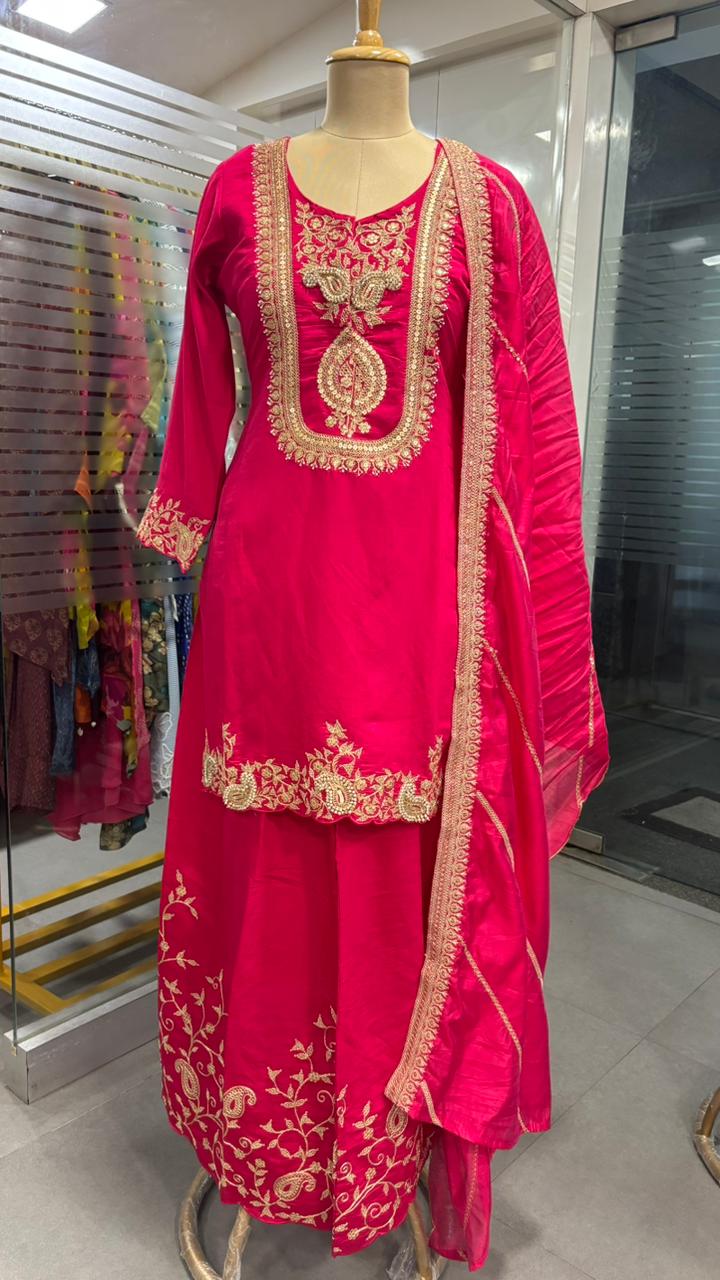 Silk Mulchanderi Beautiful Handwork Look Placement Yoke Full Suit Set With Dupatta & Worked Palazzo Bottom In Dola Silk Fabric- 11948, 11949, 11950