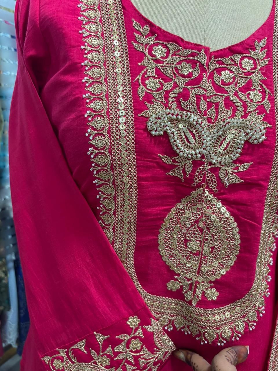 Silk Mulchanderi Beautiful Handwork Look Placement Yoke Full Suit Set With Dupatta & Worked Palazzo Bottom In Dola Silk Fabric- 11948, 11949, 11950