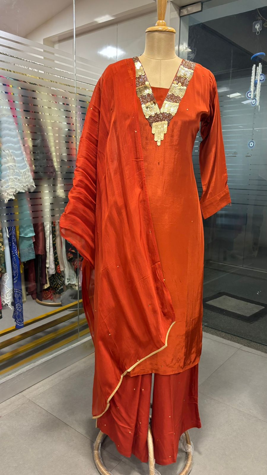 Sequin Neck Line Crepe A-Line Full Suit Set With Dupatta- 11954, 11953, 11951