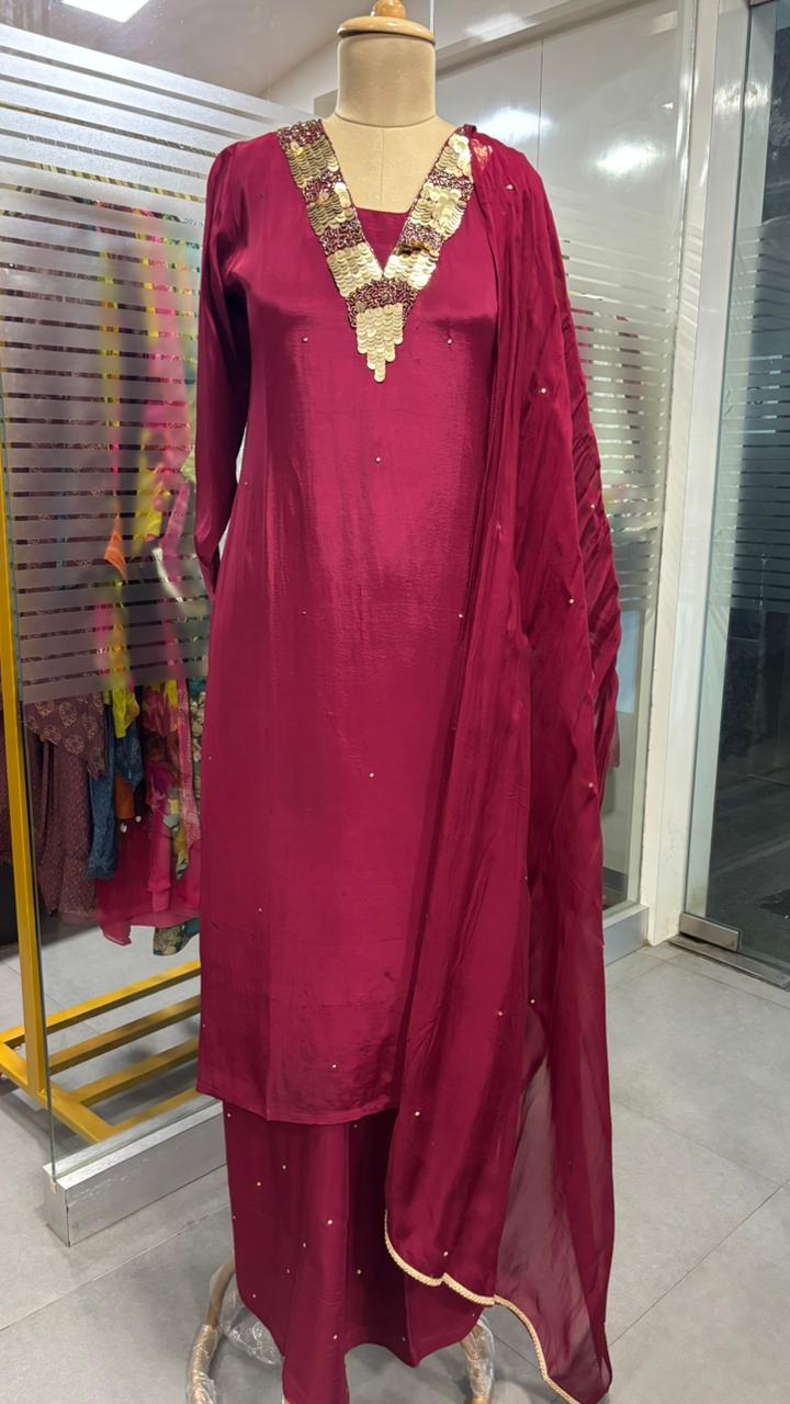 Sequin Neck Line Crepe A-Line Full Suit Set With Dupatta- 11954, 11953, 11951