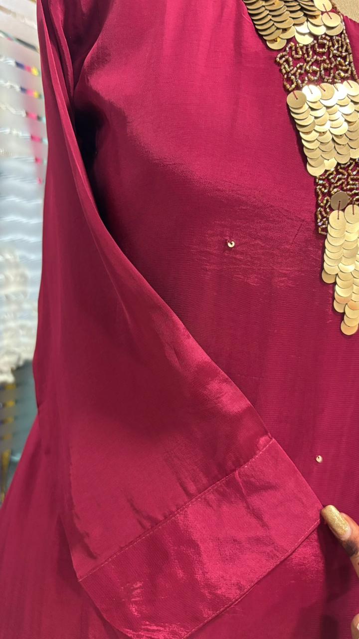 Sequin Neck Line Crepe A-Line Full Suit Set With Dupatta- 11954, 11953, 11951