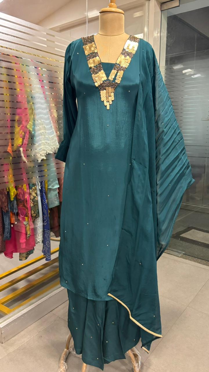 Sequin Neck Line Crepe A-Line Full Suit Set With Dupatta- 11954, 11953, 11951