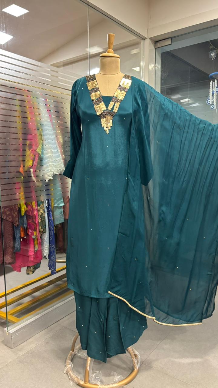 Sequin Neck Line Crepe A-Line Full Suit Set With Dupatta- 11954, 11953, 11951