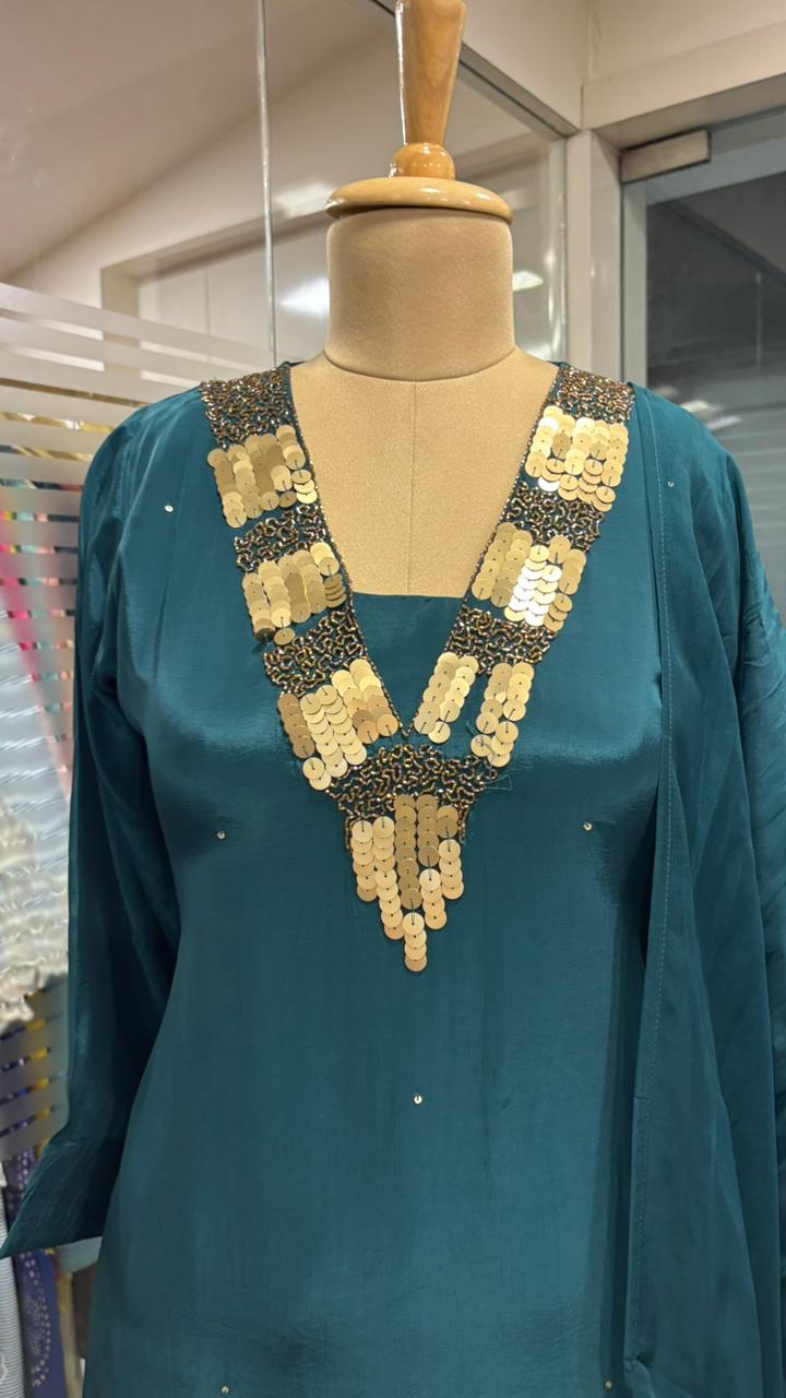 Sequin Neck Line Crepe A-Line Full Suit Set With Dupatta- 11954, 11953, 11951