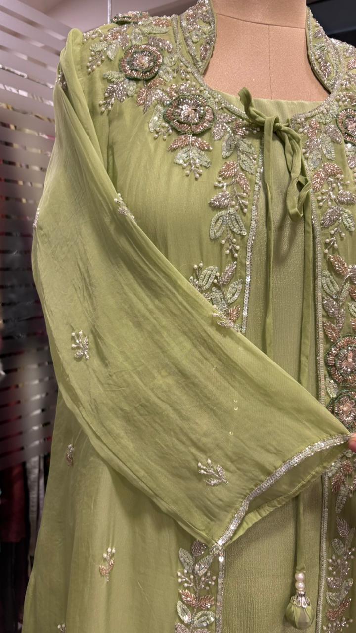 Heavily Floral Handworked Embroidered Gardenia Collared Shrug With Kurta & Palazzo Bottom