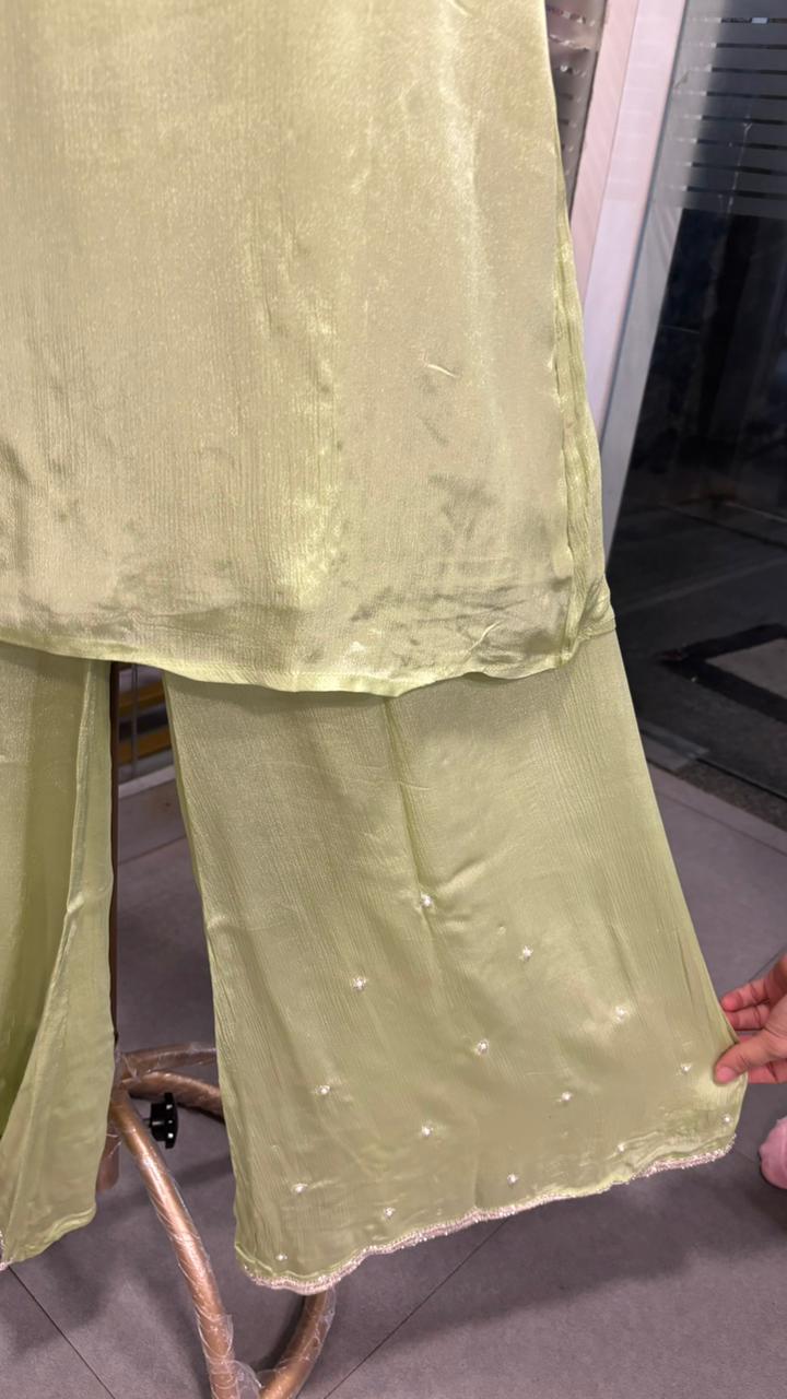 Heavily Floral Handworked Embroidered Gardenia Collared Shrug With Kurta & Palazzo Bottom