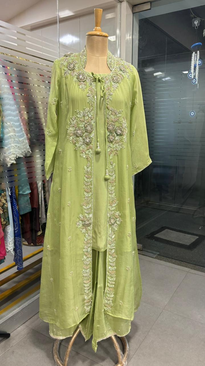 Heavily Floral Handworked Embroidered Gardenia Collared Shrug With Kurta & Palazzo Bottom