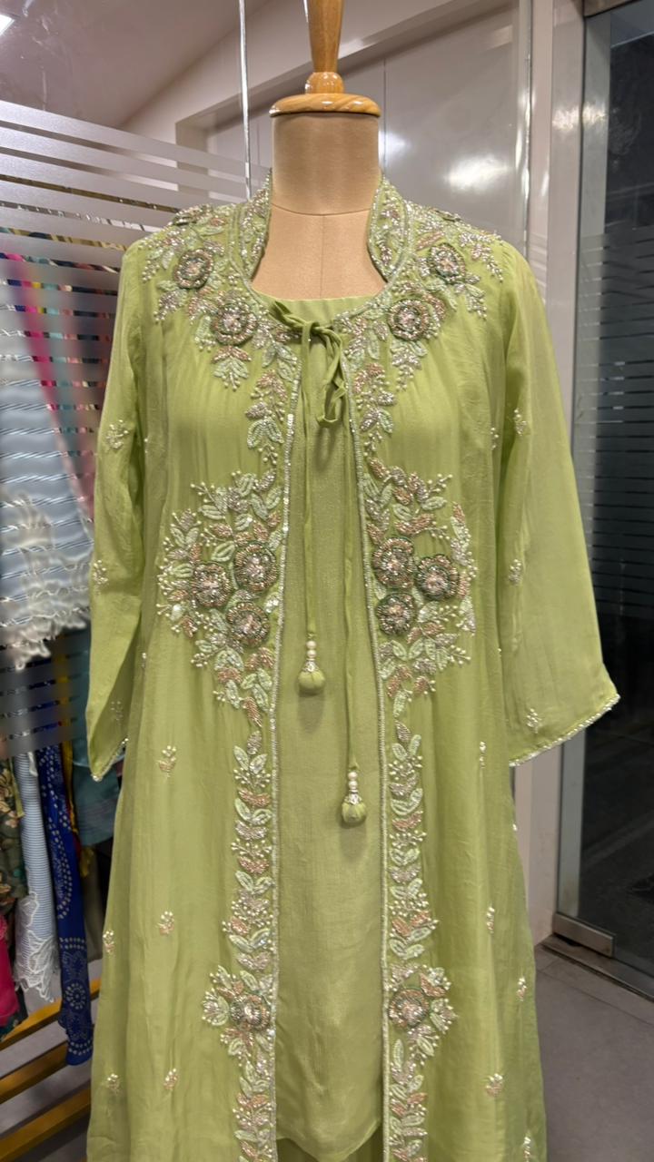 Heavily Floral Handworked Embroidered Gardenia Collared Shrug With Kurta & Palazzo Bottom