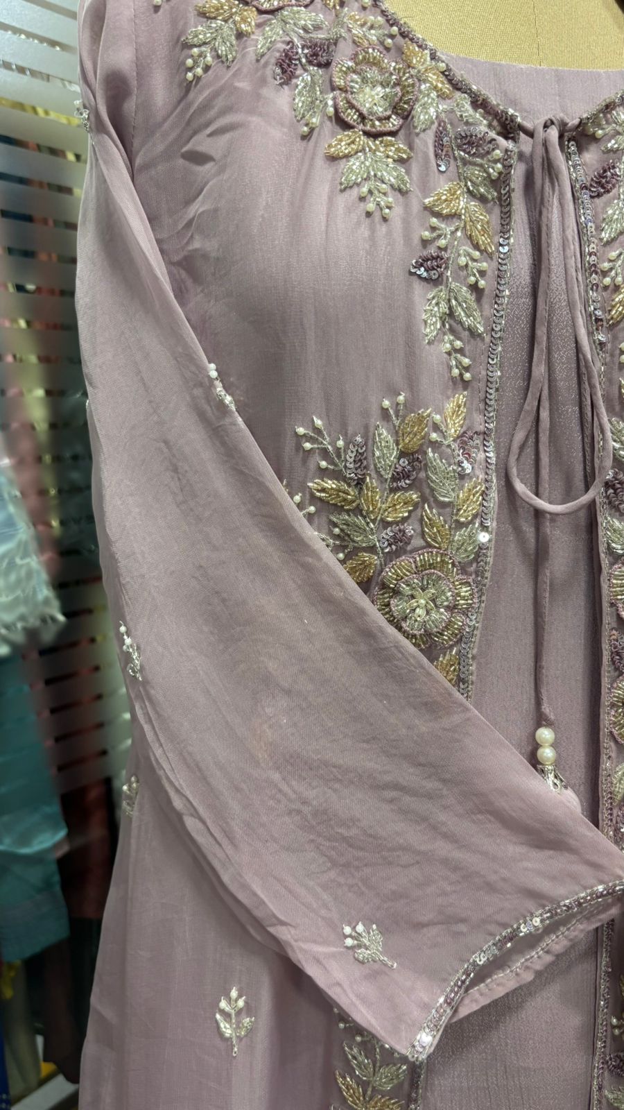 Heavily Floral Handworked Embroidered Gardenia Collared Shrug With Kurta & Palazzo Bottom