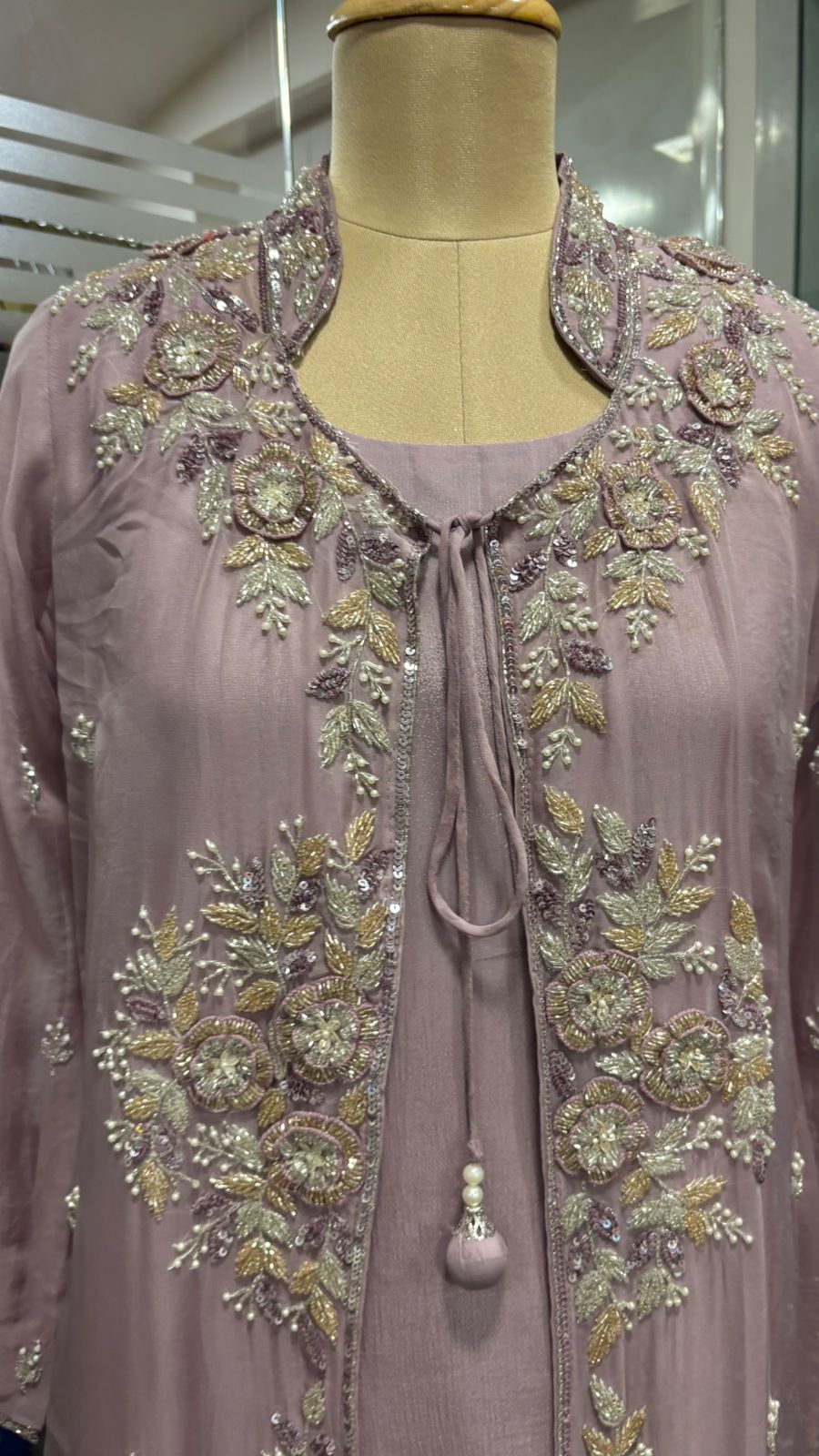 Heavily Floral Handworked Embroidered Gardenia Collared Shrug With Kurta & Palazzo Bottom