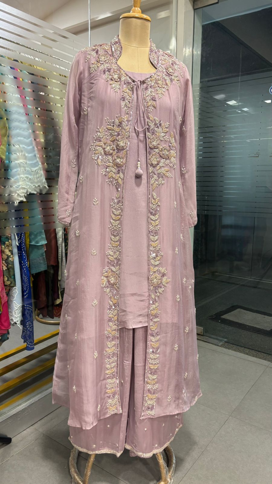 Heavily Floral Handworked Embroidered Gardenia Collared Shrug With Kurta & Palazzo Bottom
