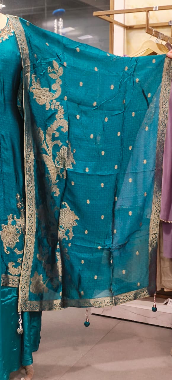 Beautiful Banarasi Silk Style Front Slit Kurta With Loose Palazzo Skirt Look Bottom and Dupatta