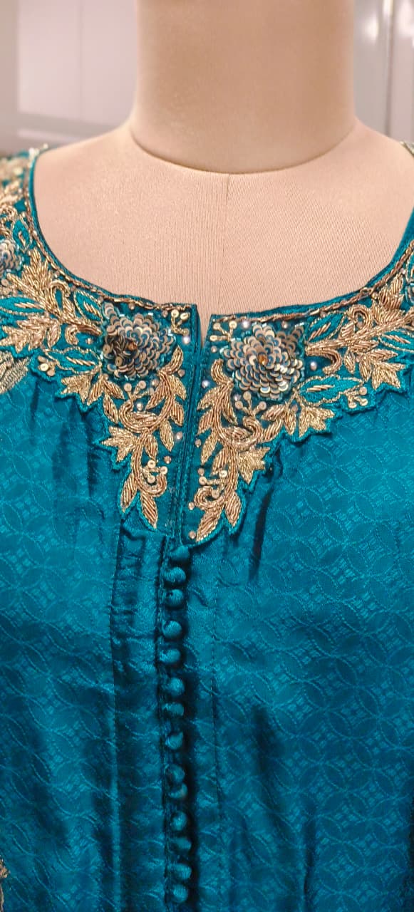 Beautiful Banarasi Silk Style Front Slit Kurta With Loose Palazzo Skirt Look Bottom and Dupatta