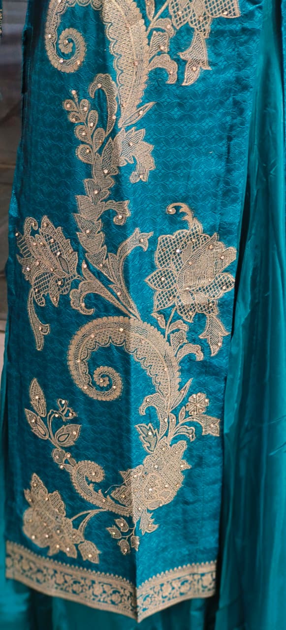 Beautiful Banarasi Silk Style Front Slit Kurta With Loose Palazzo Skirt Look Bottom and Dupatta