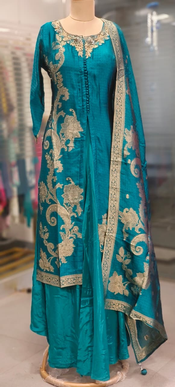Beautiful Banarasi Silk Style Front Slit Kurta With Loose Palazzo Skirt Look Bottom and Dupatta