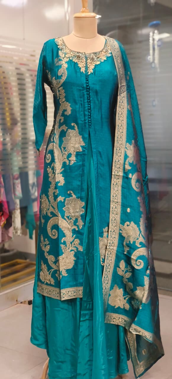 Beautiful Banarasi Silk Style Front Slit Kurta With Loose Palazzo Skirt Look Bottom and Dupatta